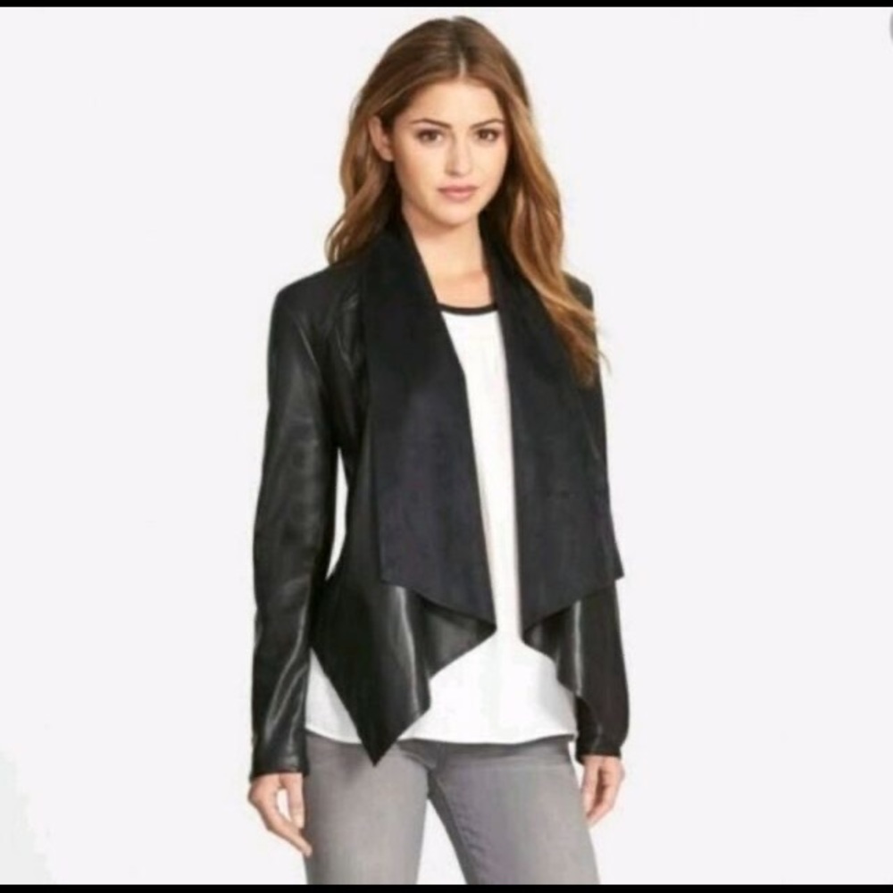 KUT Ana Faux Leather Drape Front Jacket — M